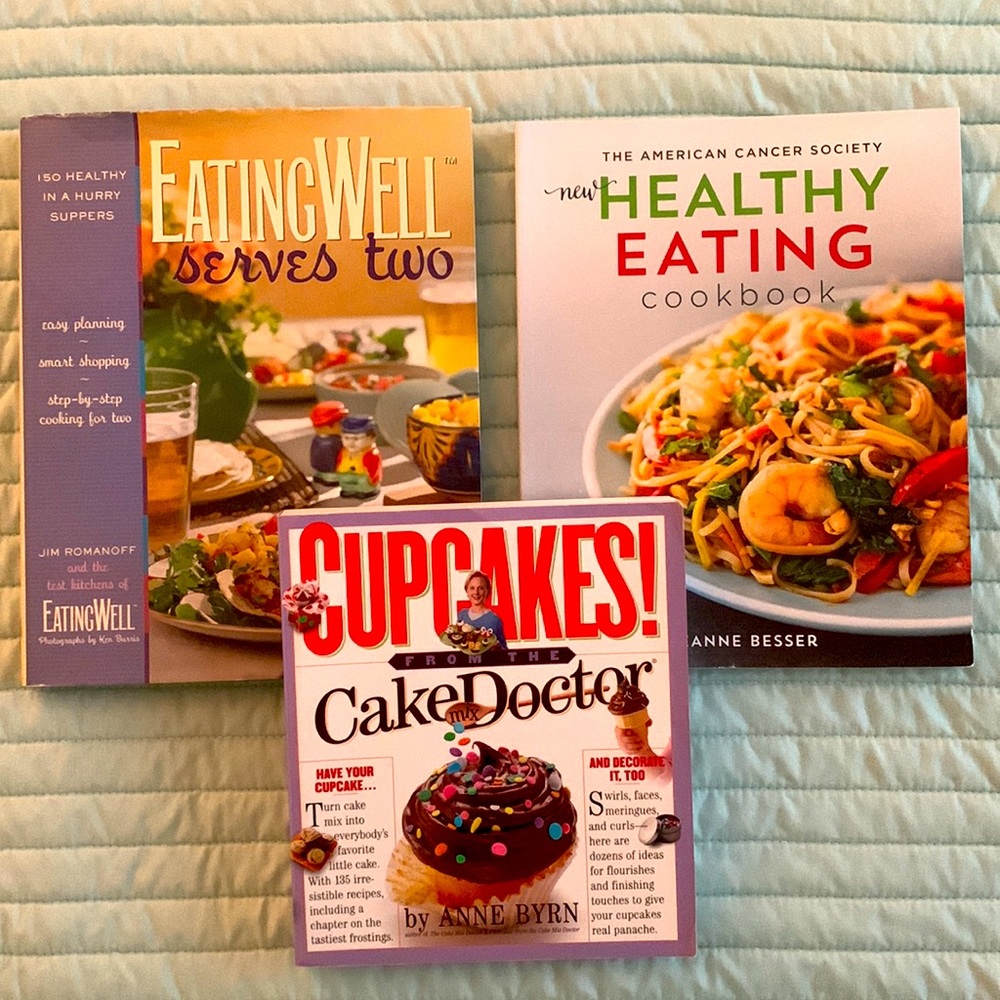 Set of 3 cookbooks (EatingWell Serves 2, New Healthy Eating Cookbook & Cupcakes)